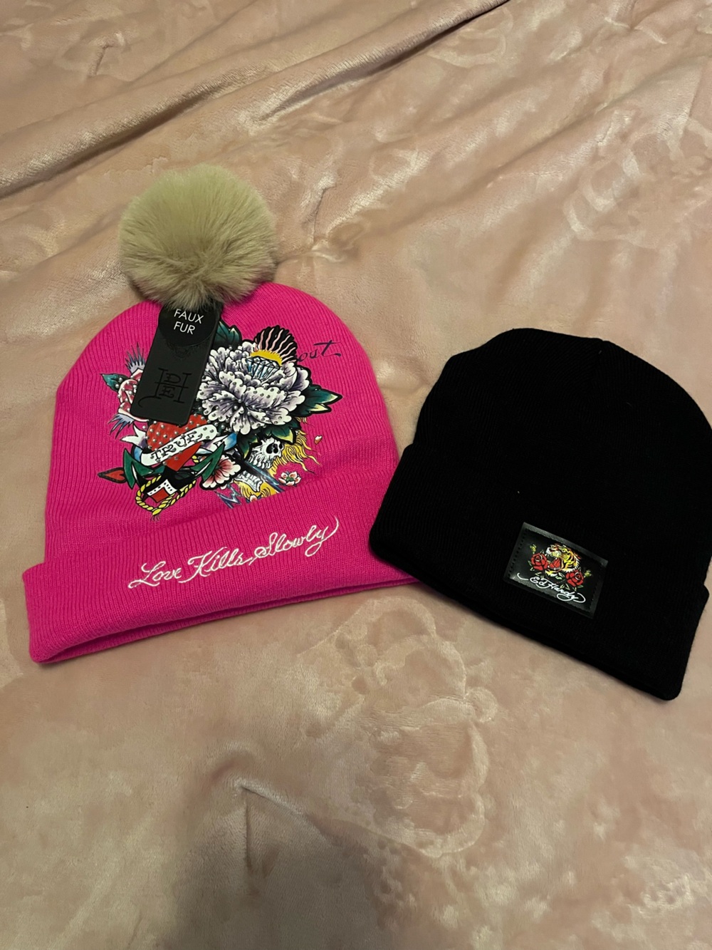 Ed Hardy Pink Beanie with Faux Fur Pom and Black Logo Beanie